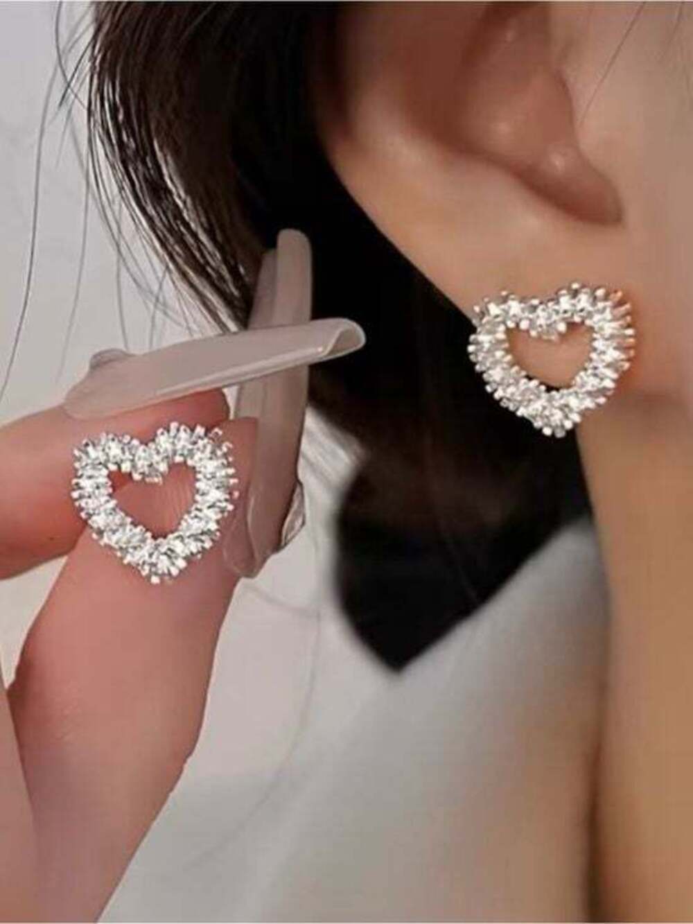 Dazzling Heart Cluster Stud Earrings - Silver Tone